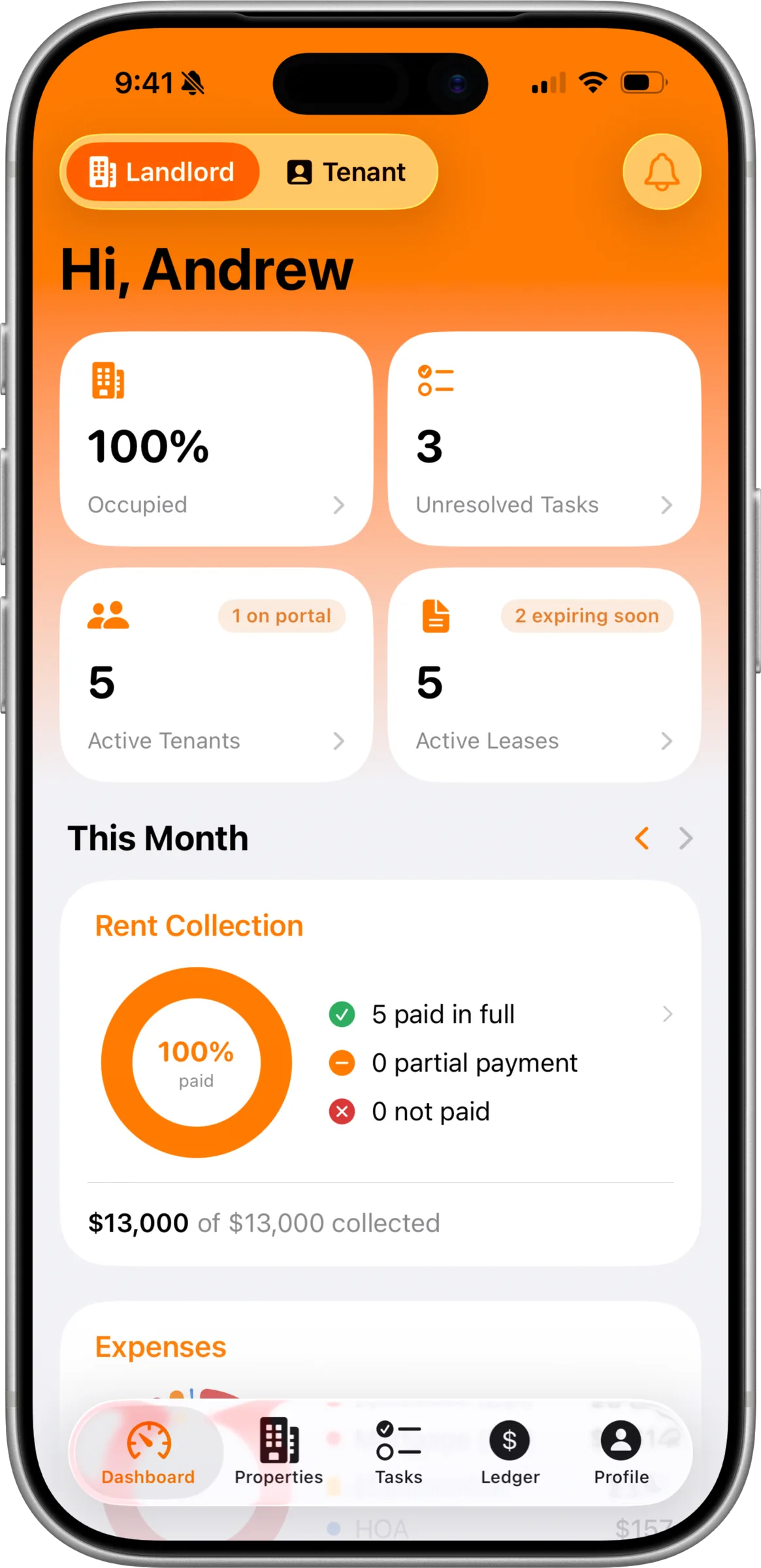 Portiq landlord dashboard with occupancy, tasks and rent collection
