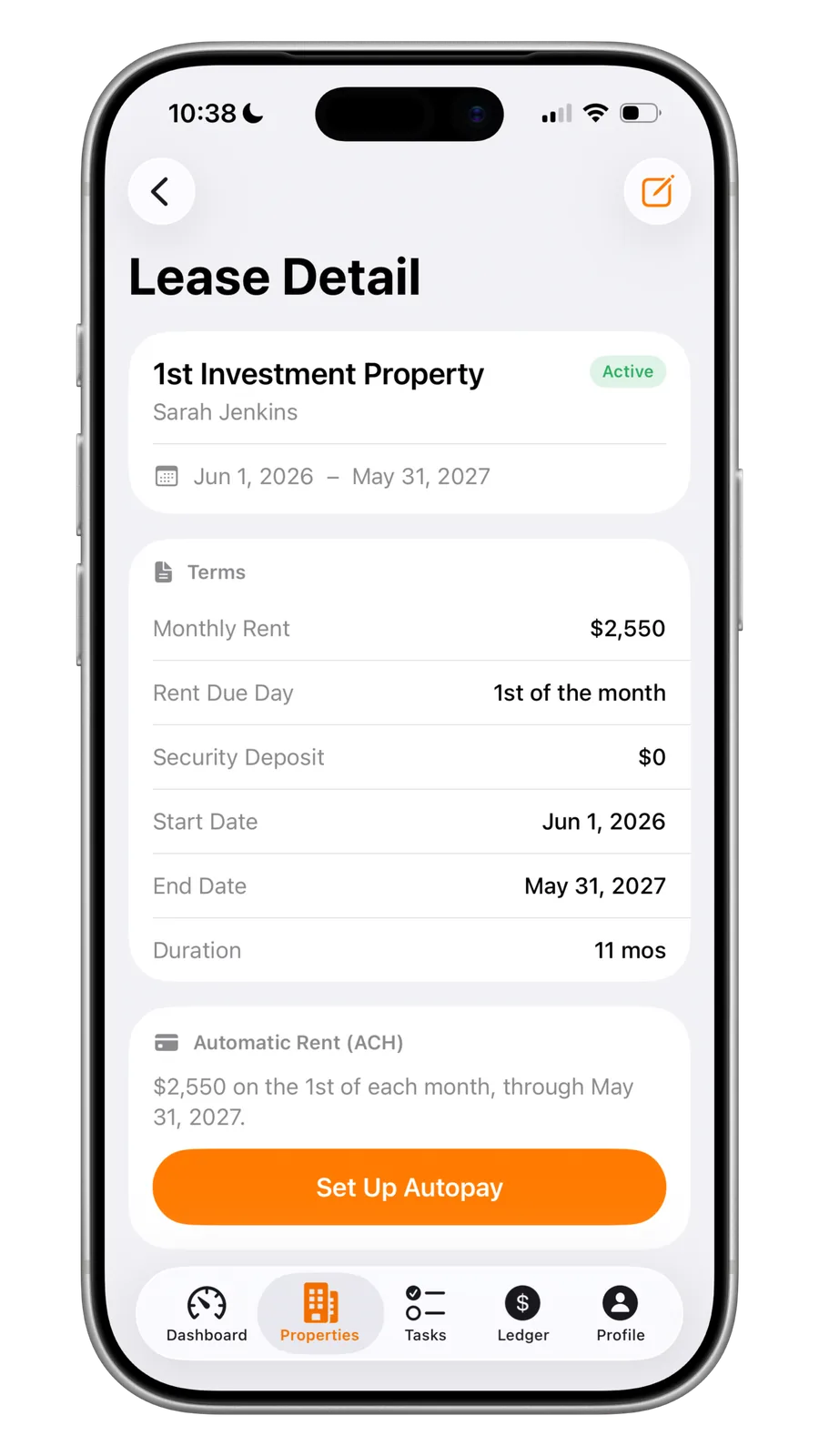Portiq lease detail with automatic rent (ACH) and a set up autopay button