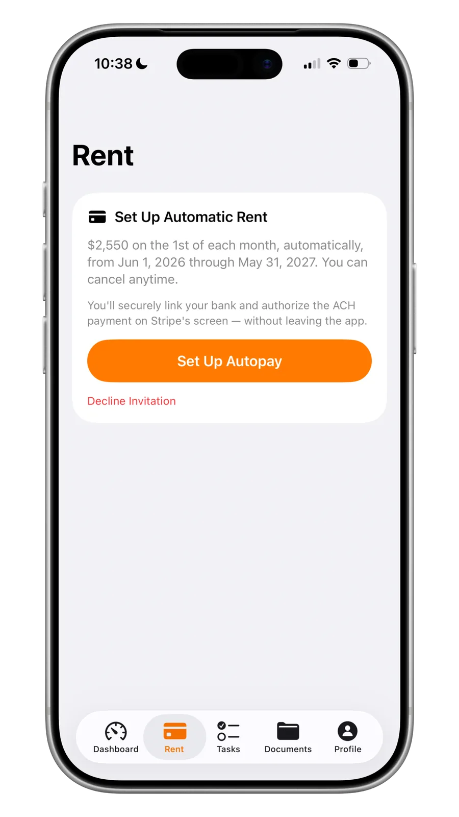 Portiq tenant rent screen to set up automatic ACH payment