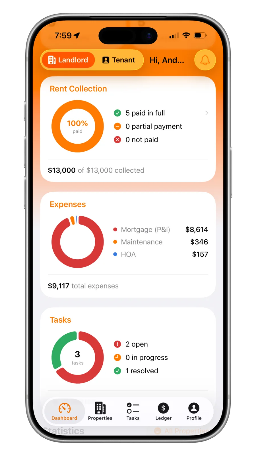 Portiq dashboard with rent collection, expenses and tasks at a glance