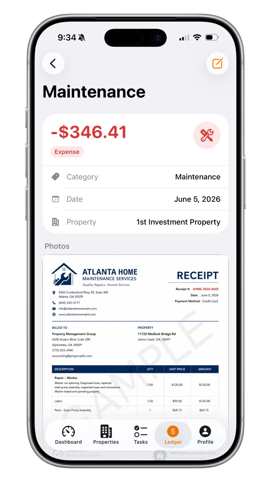 Portiq expense detail with category, date, property and an attached receipt