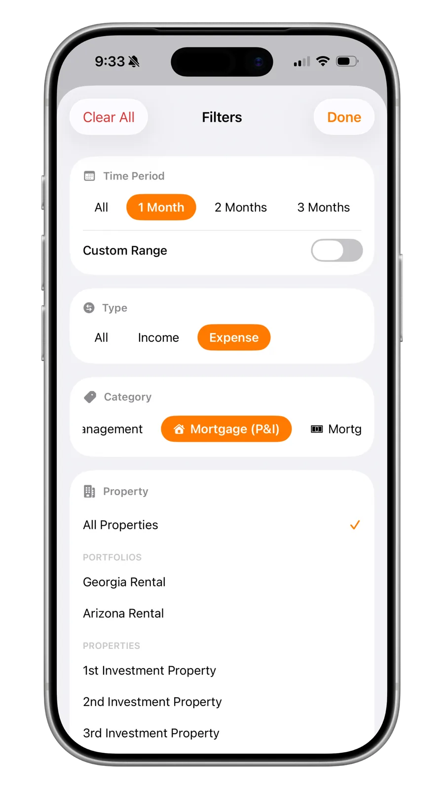 Portiq ledger filters for time period, type, category and property