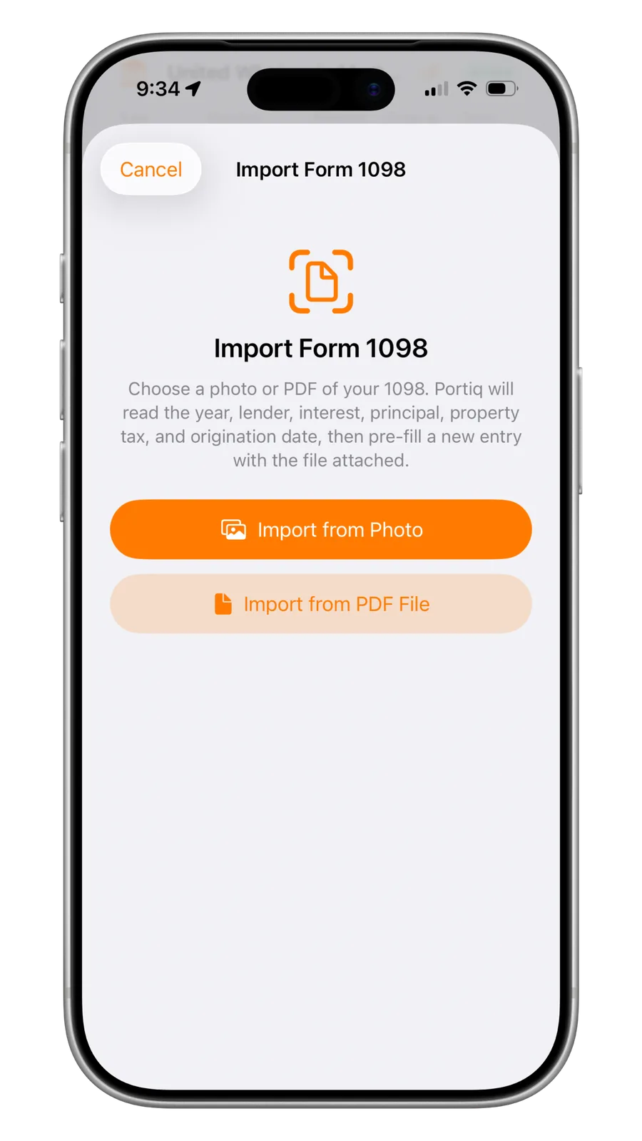 Portiq import Form 1098 screen that reads the year, lender, interest and property tax to pre-fill an entry