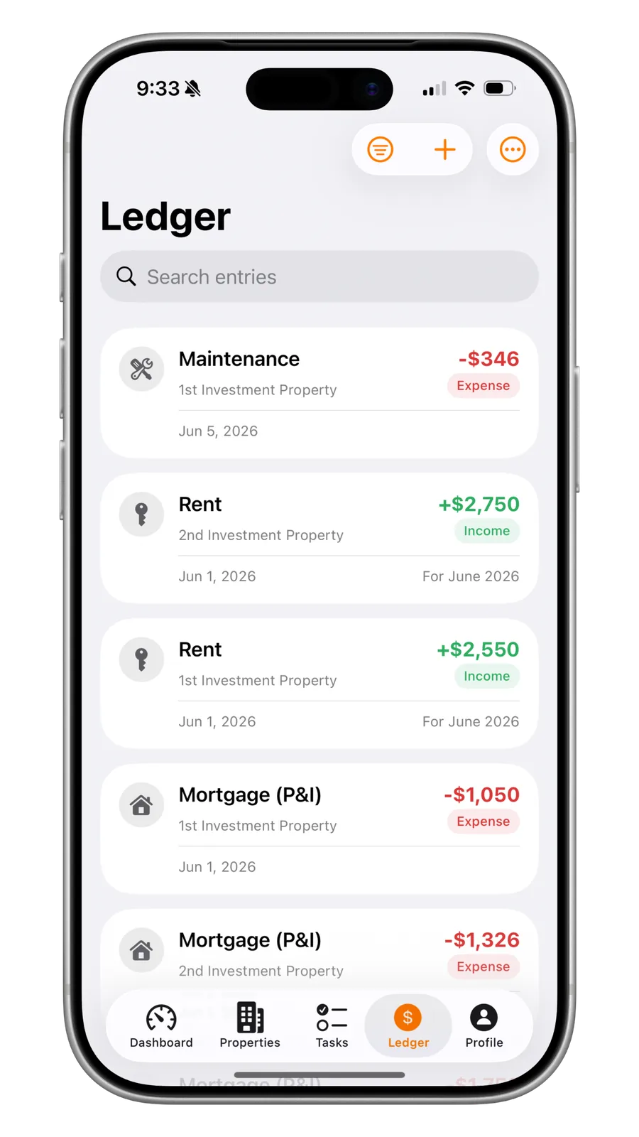 Portiq ledger list of income and expense entries with amounts and dates