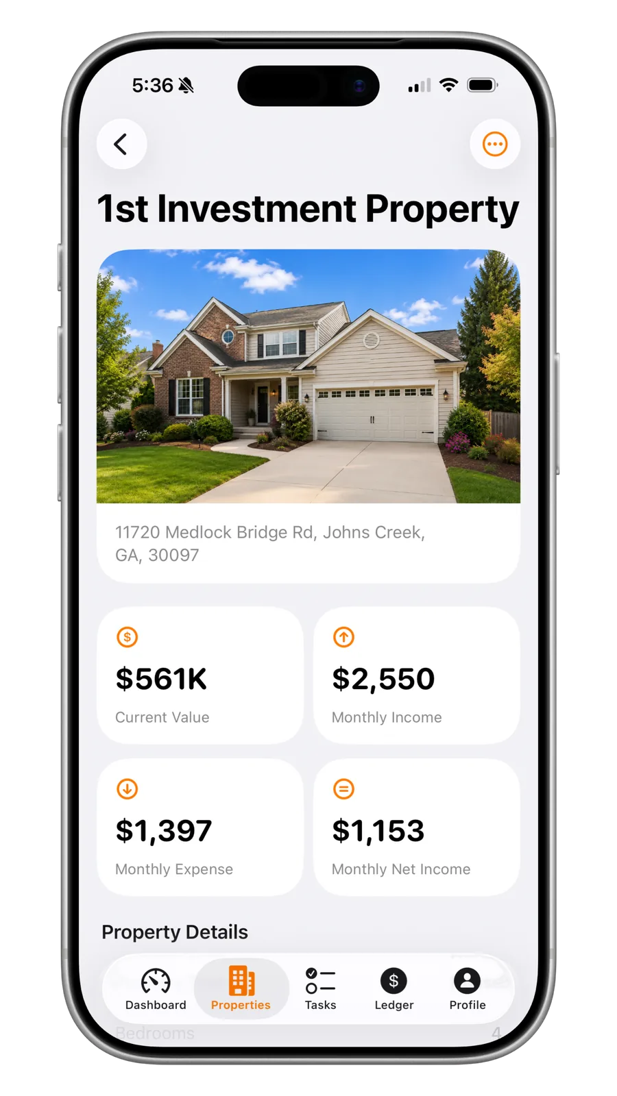 Portiq property financial overview with value, income and expenses