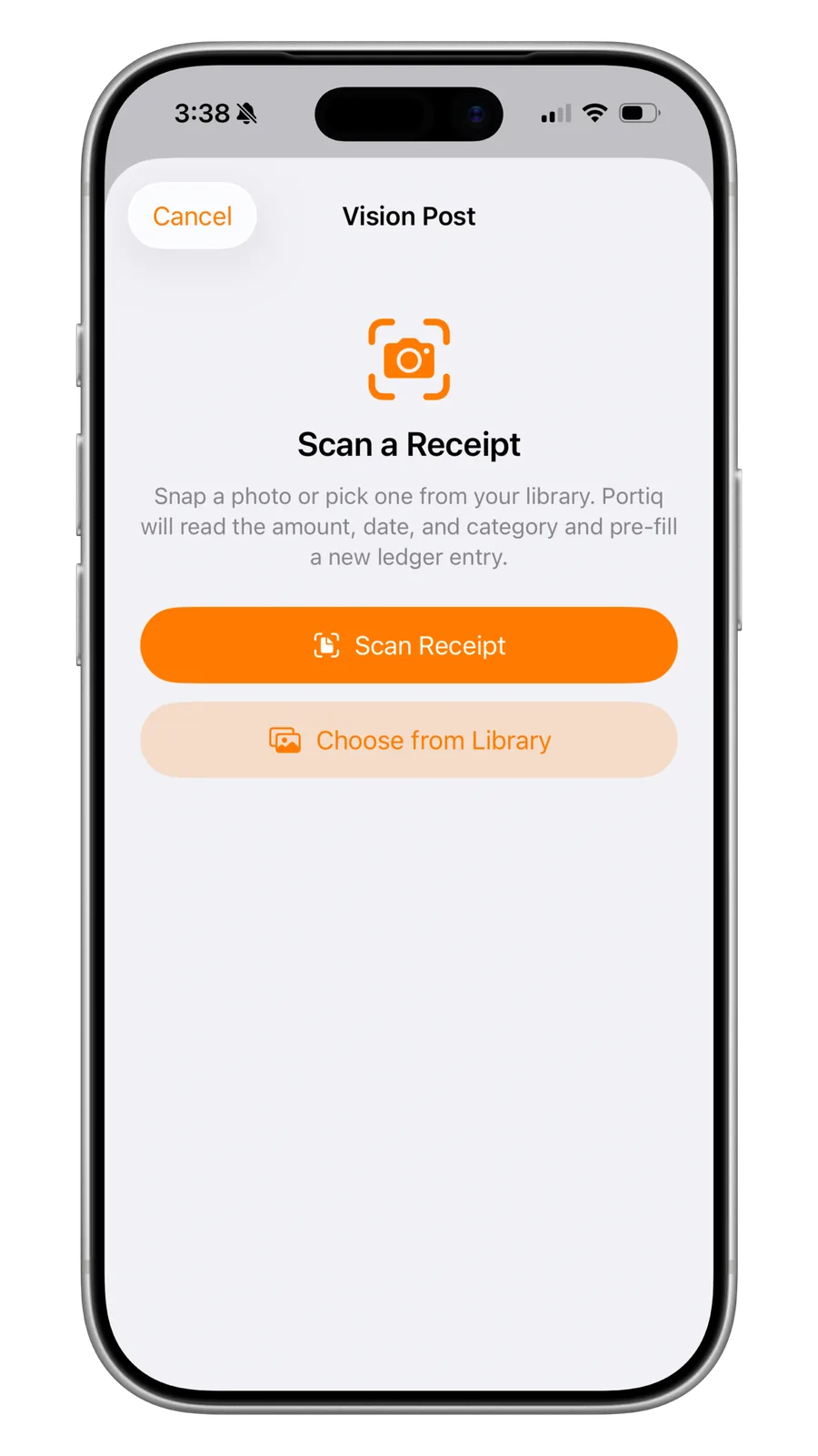 Portiq scan a receipt screen that reads the amount, date and category to pre-fill a ledger entry