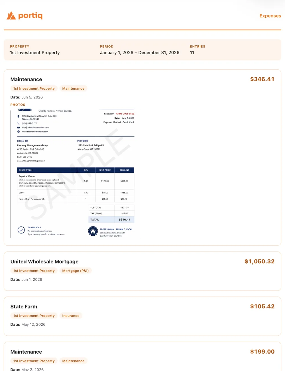 Portiq expenses report with itemized entries