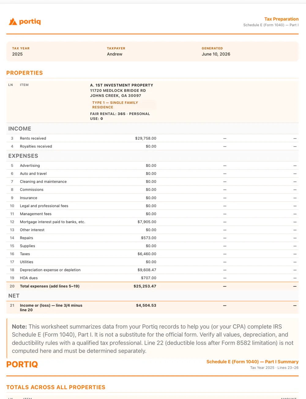 Portiq Schedule E tax preparation report with income, expenses and net