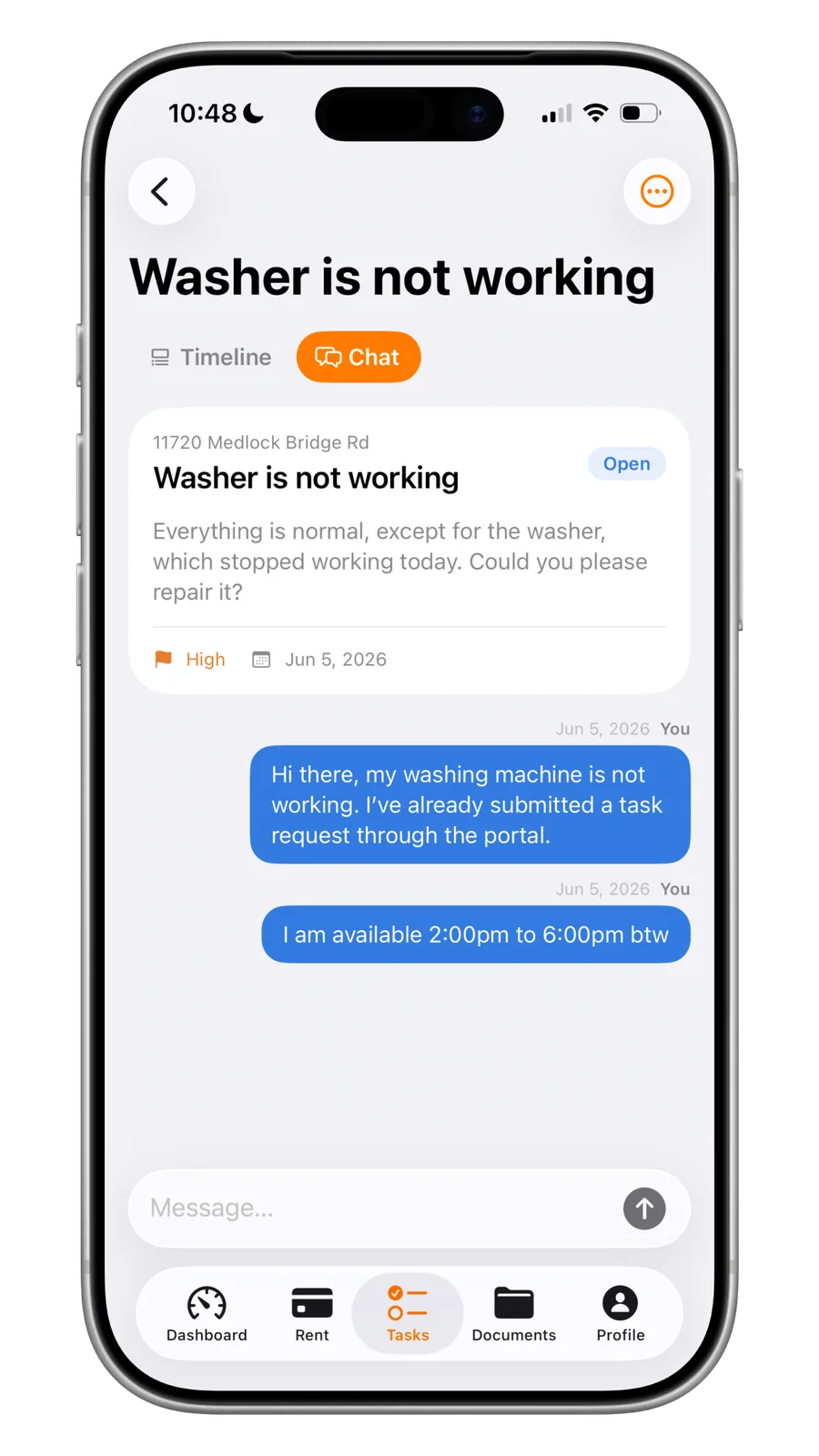 Portiq in-task chat between landlord and tenant