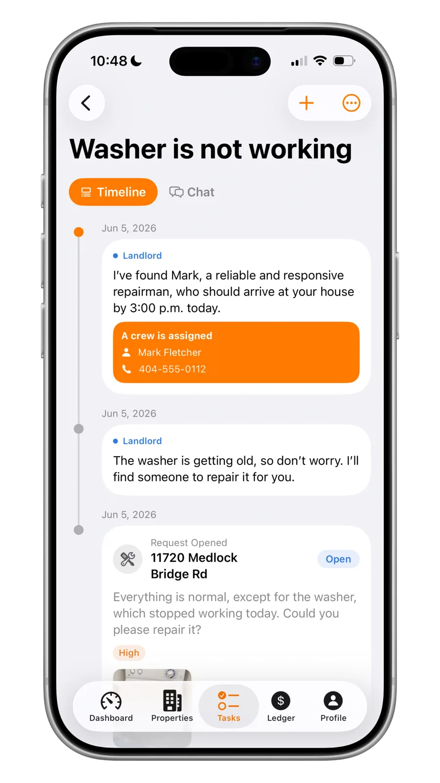 Portiq task timeline with landlord updates and assigned crew
