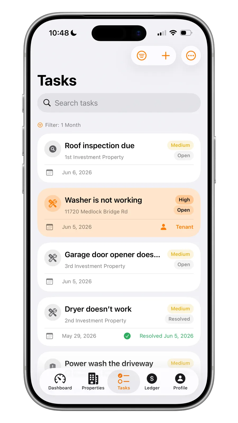 Portiq tasks list with repair requests, priorities and statuses