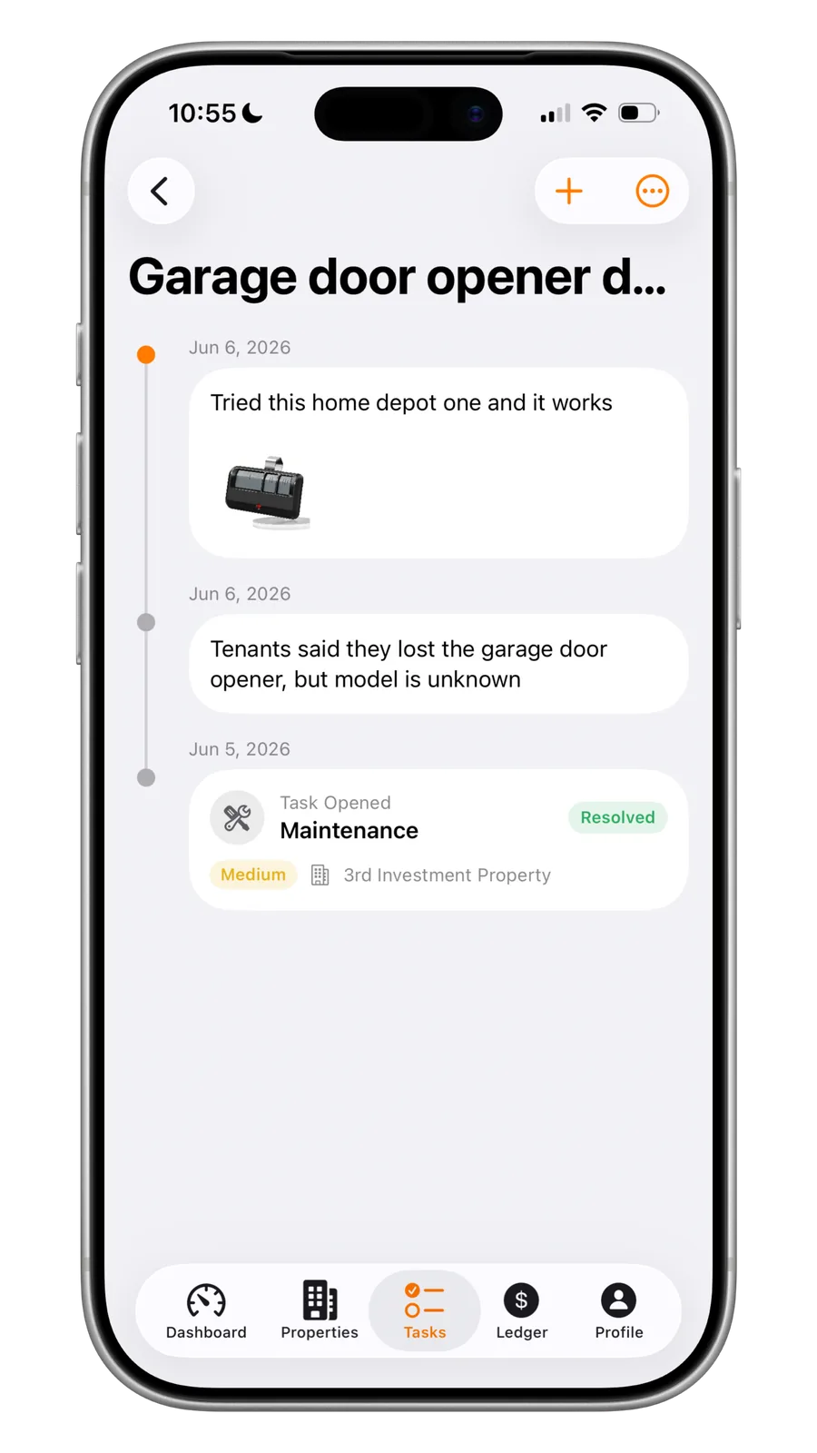 Portiq task timeline with notes, photos and resolution status