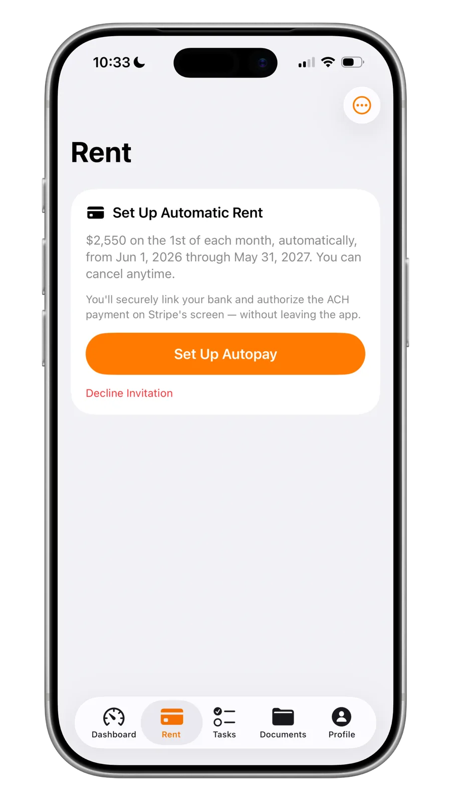 Portiq tenant rent screen to set up automatic ACH rent payments